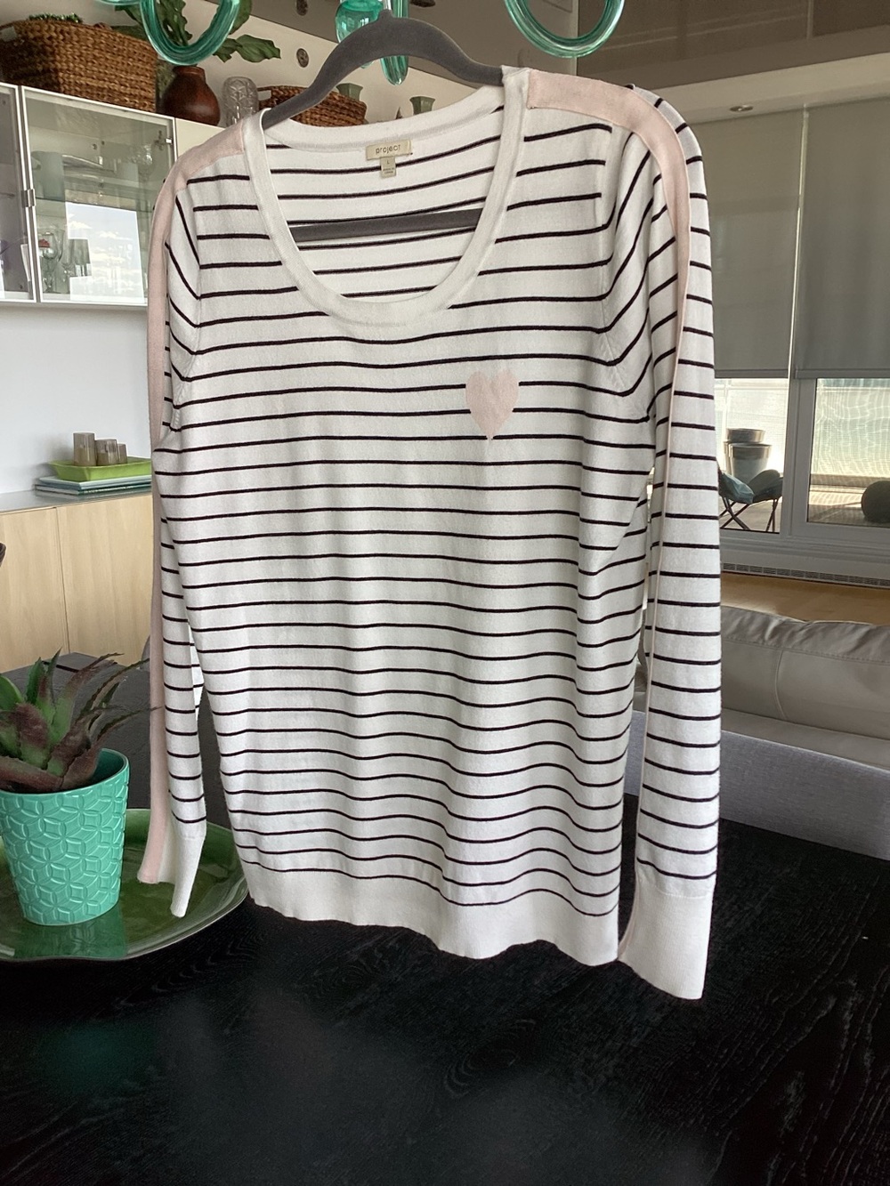 Striped Scoopneck Sweater with Pink Heart Accent - White & Pink
